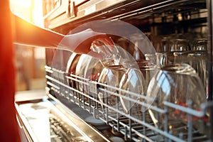 A woman's hand is loading dishes, emptying or unloading a dishwasher with dishes