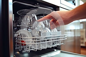 A woman's hand is loading dishes, emptying or unloading a dishwasher with dishes