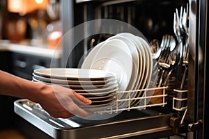 A woman's hand is loading dishes, emptying or unloading a dishwasher with dishes