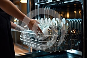 A woman's hand is loading dishes, emptying or unloading a dishwasher with dishes