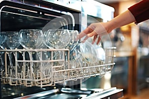 A woman's hand is loading dishes, emptying or unloading a dishwasher with dishes