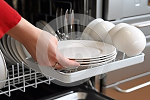 A woman's hand is loading dishes, emptying or unloading a dishwasher with dishes