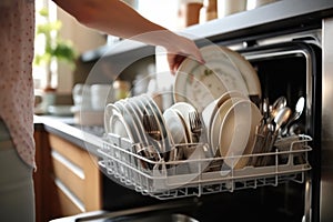 A woman's hand is loading dishes, emptying or unloading a dishwasher with dishes