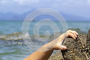 Woman`s hand out of the water trying to grab the coastal stone and escape from the sea.