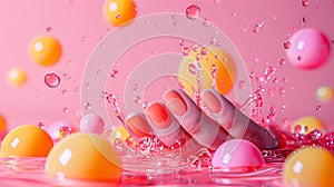 A woman's hand with pink nail polish and bubbles