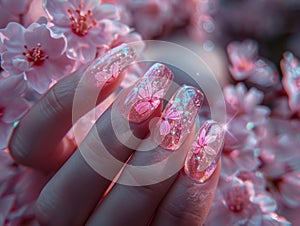 A woman's hand with pink nail polish and flowers