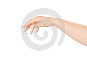 Woman`s hand in a plucking gesture on a white background