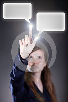 Woman's hand pointing speech bubbles, touch screen