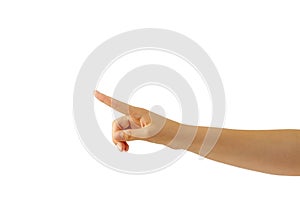 A woman& x27;s hand points her finger at an object isolated on a white background.