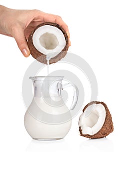 Woman's hand pouring coconut milk into a jar on white