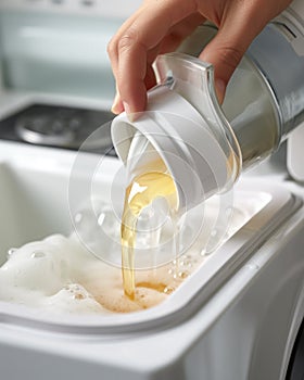 A woman& x27;s hand pours laundry liquid into a washing machine