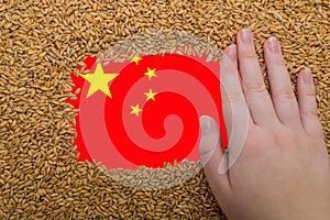 Woman's hand on a rectangular frame of ripe grains of wheat against the background of the flag of China