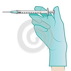 Woman`s hand in a rubber glove holding a syringe