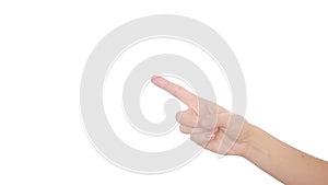 Woman`s hand shakes his finger on a white background