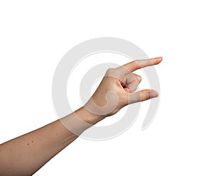 Woman s hand, showing an abstract gesture. Female palm, fingers open, grasping an invisible object.