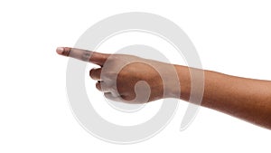 Woman`s hand showing number one with fingers on white background