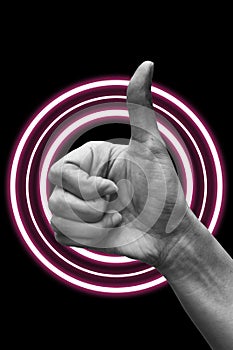 Woman`s hand showing thumbs up gesture, centered circle wave. Black and white tone. Hand sign concept