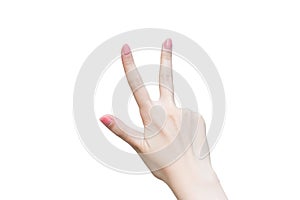 WomanÃ¢â¬â¢s hand shows up three fingers as number three on white background