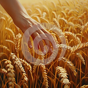 Woman's hand slide threw ears of wheat in sunset light