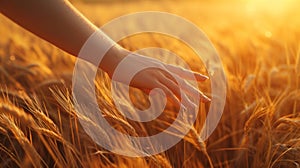 Woman& x27;s hand slide threw ears of wheat in sunset light