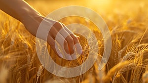 Woman's hand slide threw ears of wheat in sunset light