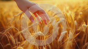 Woman's hand slide threw ears of wheat in sunset light