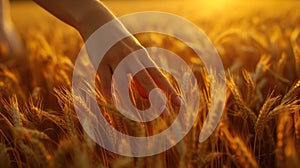 Woman's hand slide threw ears of wheat in sunset light