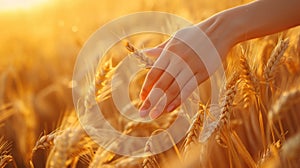 Woman& x27;s hand slide threw ears of wheat in sunset light