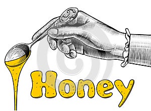 Woman`s hand with a spoon with yellow honey flowing down and let