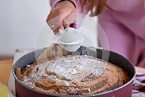 Woman`s hand sprinkling icing sugar over fresh sponge cake. Powder sugar falls on fresh perfect marble cake