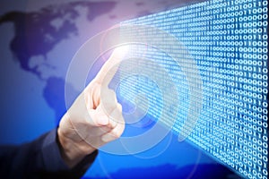 Woman's hand and touch screen with binary code