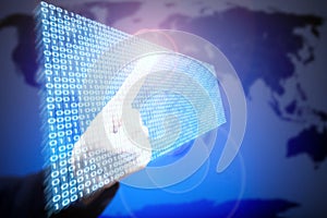 Woman's hand and touch screen with binary code