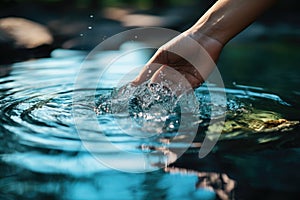 Woman& x27;s hand touching water in the midst of nature