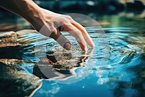 Woman& x27;s hand touching water in the midst of nature