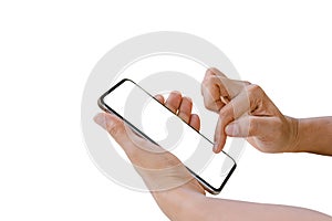 Woman`s hand is using a smart phone to search for information online isolated on white background