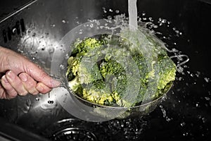 Woman`s hand washing broccoli under running water at the kitchen sink.