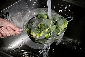 Woman`s hand washing broccoli under running water at the kitchen sink.