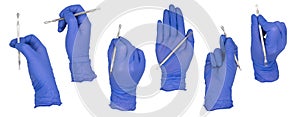Woman`s hand wearing a blue nitrile examination glove holding a comedone extractor tool in various poses