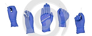 Woman`s hand wearing a blue nitrile examination glove holding a cotton swab in various poses