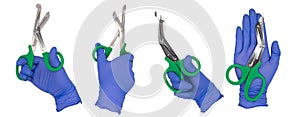 Woman`s hand wearing a blue nitrile examination glove holding a pair of green handled scissors in various poses