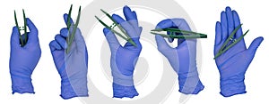 Woman`s hand wearing a blue nitrile examination glove holding a pair of green plastic first aid tweezers in various poses