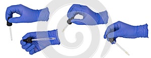 Woman`s hand wearing a blue nitrile examination glove holding a pipette in various poses