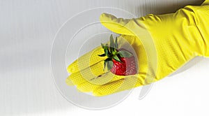 A woman`s hand is wearing a latex glove. There is one strawberry in my hand. Risk of infection in conditions of spread