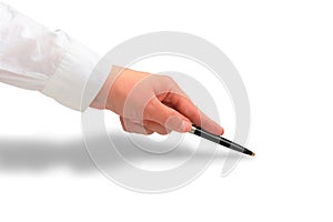 Woman`s hand in white shirt sleeve pointing at something with a luxury pen. body part close up with a shadow isolated on white