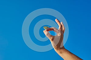 Woman`s hand with a yellow butterfly, on a background of blue sky. Freedom, ok, happiness concept