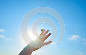 Woman`s hand with a yellow butterfly, on a background of blue sky and the sun. Freedom, ok, happiness concept