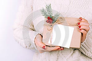 Woman`s hands with christmas gift box