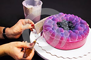 Woman`s hands decorating mousse blueberry cake