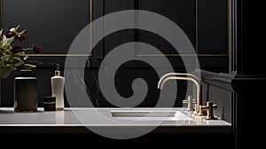 a woman's hands delicately washing with gentle water flow from a golden faucet in the sleek sink, the simplicity and