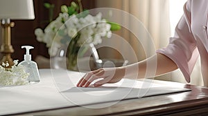 a woman& x27;s hands engaged in the cleaning process, with the tabletop gleaming after being polished. The composition